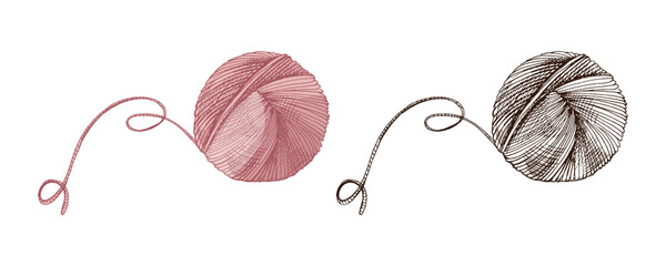 Hand drawn vintage sketch of yarn ball with long string in rose and monochrome version, isolated vector illustration