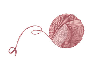 Hand drawn vintage sketch of yarn ball with long curling thread in dusty rose color, isolated vector illustration