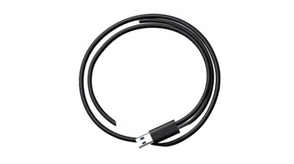 Coiled Black USB Charging Cable Isolated on White Background