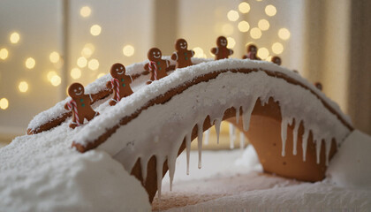Gingerbread figures walking on snowy bridge decorated for Christmas  