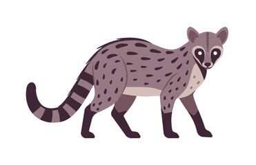 Civet cute palm animal standing pose. Agile, arboreal toddy cat, greyish colour, black spots musang funny tropical Asia, Africa creature, zoo, amazing wild life. Vector flat style cartoon illustration