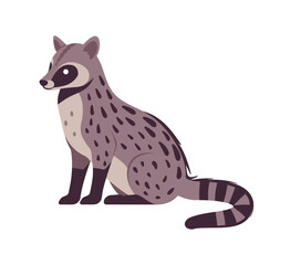 Civet cute palm animal sitting pose. Agile, arboreal toddy cat, greyish colour, black spots musang funny tropical Asia, Africa creature, zoo, amazing wild life. Vector flat style cartoon illustration