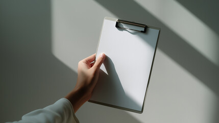 Hand holding a blank clipboard in natural light creating a clean minimal business concept.
