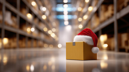 Cardboard box wearing a Santa hat placed in a warehouse aisle symbolizing holiday logistics and delivery.
