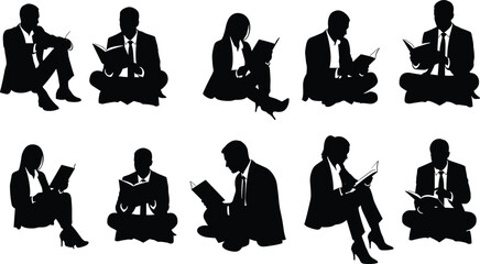 Business people silhouettes reading books, corporate men and women study poses, professional learning, education concept, teamwork knowledge sharing, intellectual engagement illustration vector