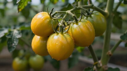 a close up of a bunch of tomatoes on a plant with drops of water on the leaves of the plant