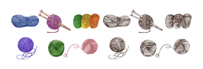 Hand drawn vintage sketch of colorful and monochrome yarn balls with threads and needles, isolated vector set