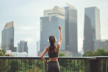 Inspirational rear view of a young sporty woman wearing headphones raising her fist in victory while looking at the city skyline, celebrating success and fitness goals