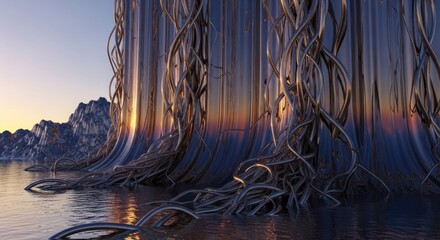 Surreal Tree Roots Emerging From Water at Sunset.