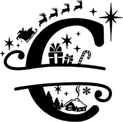 Christmas Split Monogram Letter C with Santa Sleigh and Reindeer Silhouette