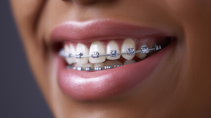 Obraz premium Close-up of a smiling mouth with dental braces representing orthodontic treatment and oral care. 
