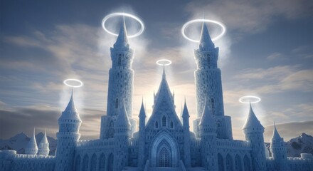 Majestic Ice Castle with Angelic Halos Under a Dreamy Sky.
