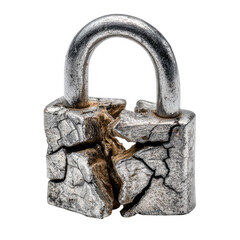 Cracked and broken metal padlock, highlighting damage and vulnerability