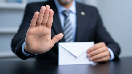 Businessperson rejecting an envelope representing anti bribery policy and ethical compliance.
