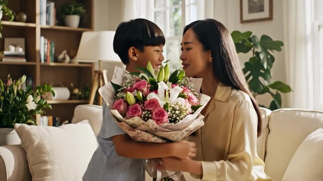 Young boy gifting a beautiful bouquet of flowers to his surprised mother at home