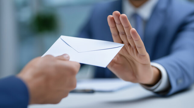 Businessperson rejecting an envelope symbolizing refusal, ethics, or anti bribery policy.
