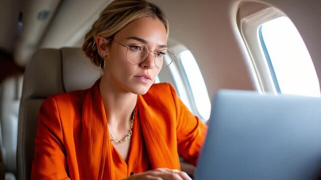 Sky-High Productivity: A Focused Professional diligently works on a laptop in a private jet, blending business with the luxury of air travel.