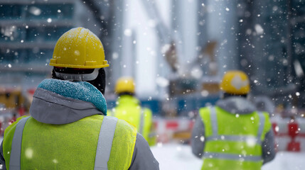 Construction workers in safety vests and helmets standing at an active building site during snowfall.
