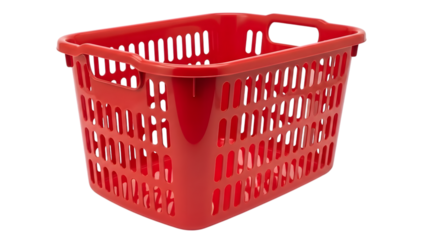 Red plastic shopping basket with handles isolated on a transparent background