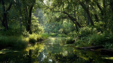 A serene image showcasing a winding stream, reflecting trees, with sunlight filtering through lush greenery