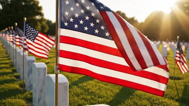 American flags flying over rows of white headstones in a military cemetery at sunset