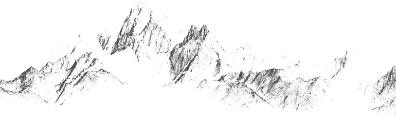 Fototapeta premium Jagged mountain range rendered in dark grey lines and dots against white background peaks rocky