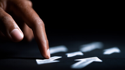 Finger pressing a digital arrow icon on a touch interface symbolizing navigation or decision making.
