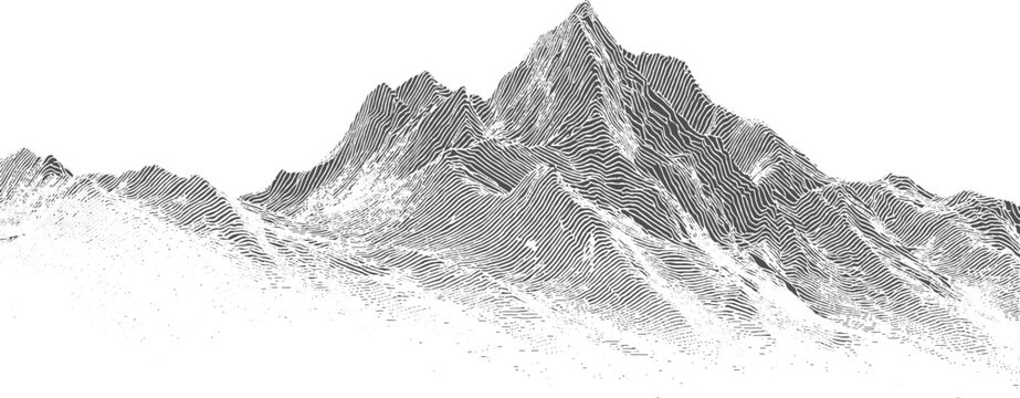 Abstract topographic map of a mountain range rendered in grayscale lines and dots
