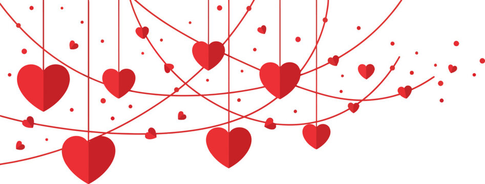 Red hearts hanging from strings with confetti on white background for valentine s day or love themed celebration decoration