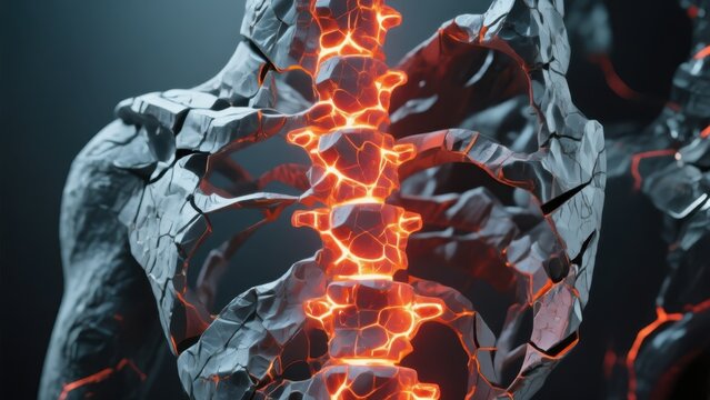 Prominently featured is a sculptural representation of the human spine, crafted from fractured stone, with five distinct points of elevated pressure emitting a warm glow. Accompanying wellness guidanc