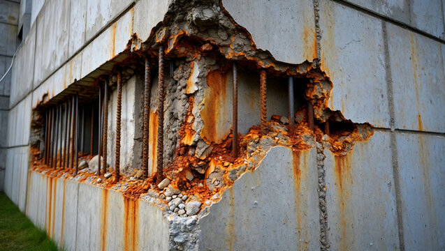 Concrete wall with exposed rebar and rust stains showing damage image