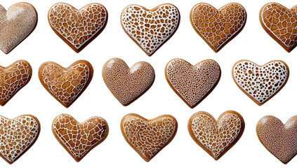 Heart-shaped cookies with textured brown icing and patterns