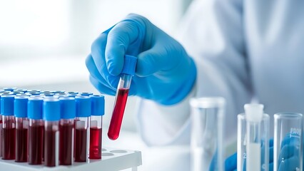 Scientist examining blood sample in test tube held by gloved hand near rack of clinical vials, laboratory analysis research concept