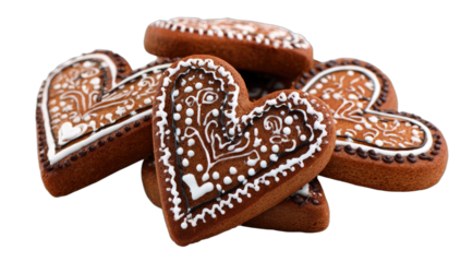 Heart-shaped gingerbread cookies decorated with intricate white icing patterns