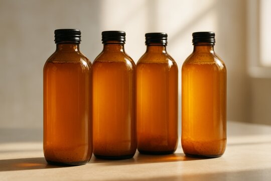Four amber glass bottles filled with liquid placed in warm natural light on wooden surface with soft background. Concept of organic product packaging. Ai generative