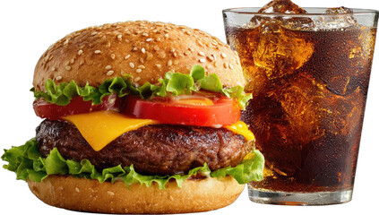 Juicy cheeseburger with fresh lettuce, tomato, and a tall, ice-filled cola