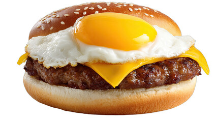 Juicy burger with a fried egg and melted cheese on a sesame seed bun