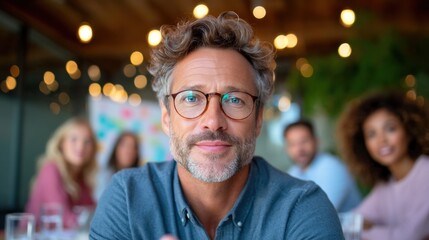 Confident middle-aged businessman with glasses, smiling warmly in a modern office setting with blurred colleagues in the background, fostering a collaborative and welcoming atmosphere.
