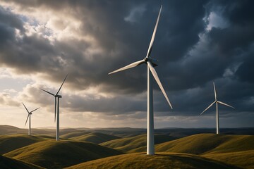 Wind turbines on rolling hills under dramatic cloudy sky with warm sunlight highlighting landscape as sustainable energy concept background scene. Ai generative