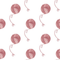 Hand drawn vintage seamless pattern of pink yarn ball with thread swirl, vector illustration on white background
