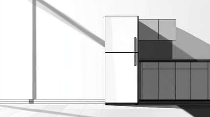 Modern minimalist kitchen design with refrigerator and cabinetry in white