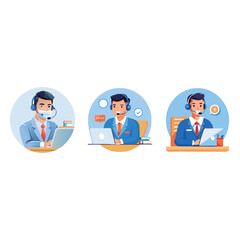 Fototapeta premium Set of customer service representative icons featuring men wearing headsets and face masks working on laptops in a call center environment for support and assistance.
