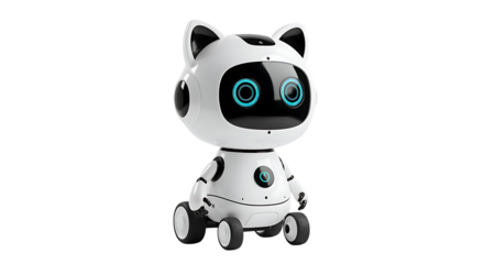 adorable white robotic cat with glowing blue eyes a playful design on transparent background.