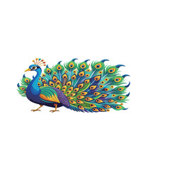 Obraz premium Vibrant illustration of a majestic peacock with a full colorful tail display featuring blue green and gold feathers in a stylized artistic composition.