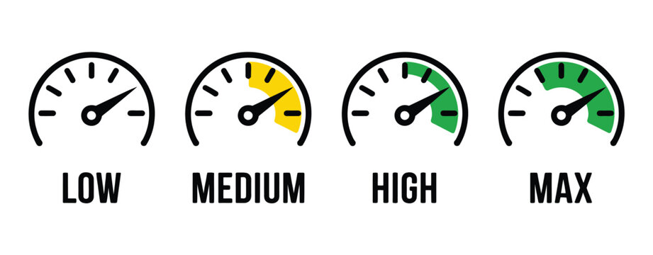 Analog speed level indicators set showing low, medium, high, and max dashboard gauge icons with infographic dials for energy, power, performance ranking, and measurement design