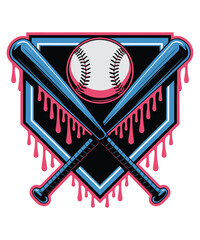 Modern vector illustration t shirt design of baseball bats, ball, and home plate emblem with dripping effect