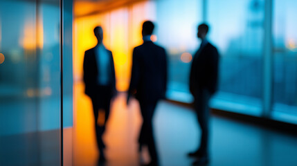 Silhouettes of business people walking through a modern office corridor with colorful glass walls.
