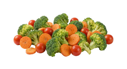 Fresh broccoli and carrots with cherry tomatoes arranged in a pile on a white background during daytime