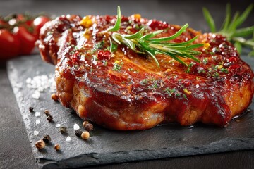 Juicy pork steak on bone served on a slate platter with herbs and spices for an exquisite dining experience