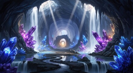 Enchanting Crystal Cave with Waterfalls and Mystical Light.